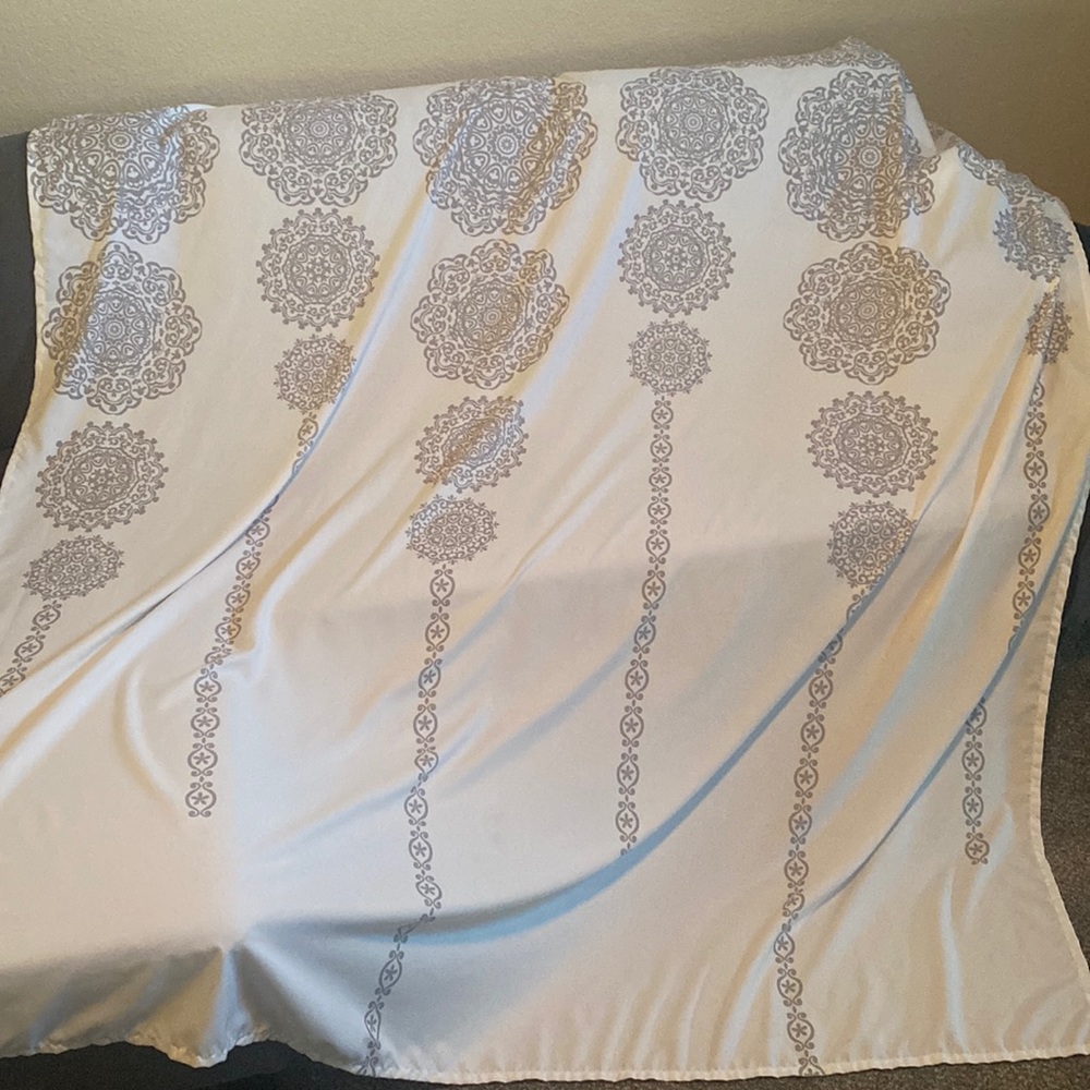 Gray and white standard size shower curtain with hooks